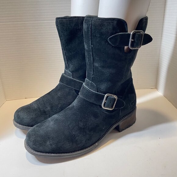 Ugg Black Suede Mid-Calf Buckle Boots Womens Size 8 - Picture 6 of 12